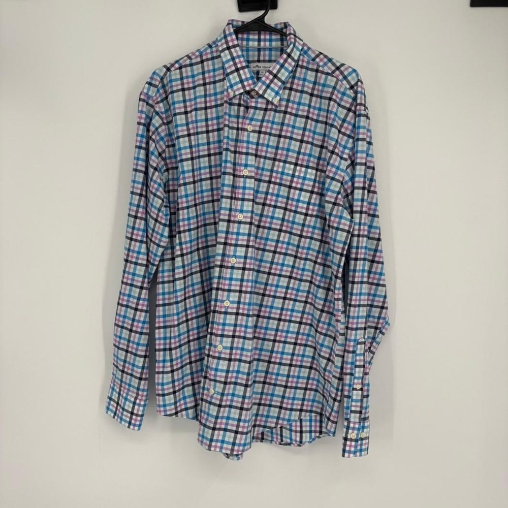 Peter Millar XL‎ Blue Purple Plaid Button Down Shirt Excellent Stretch Cotton